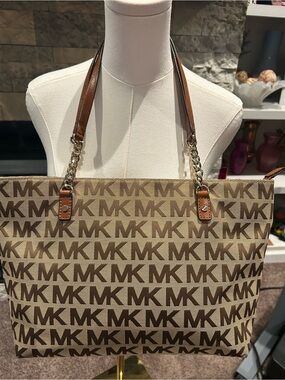 Michael Kors Tan and Brown MK Logo Chain-Handle Tote